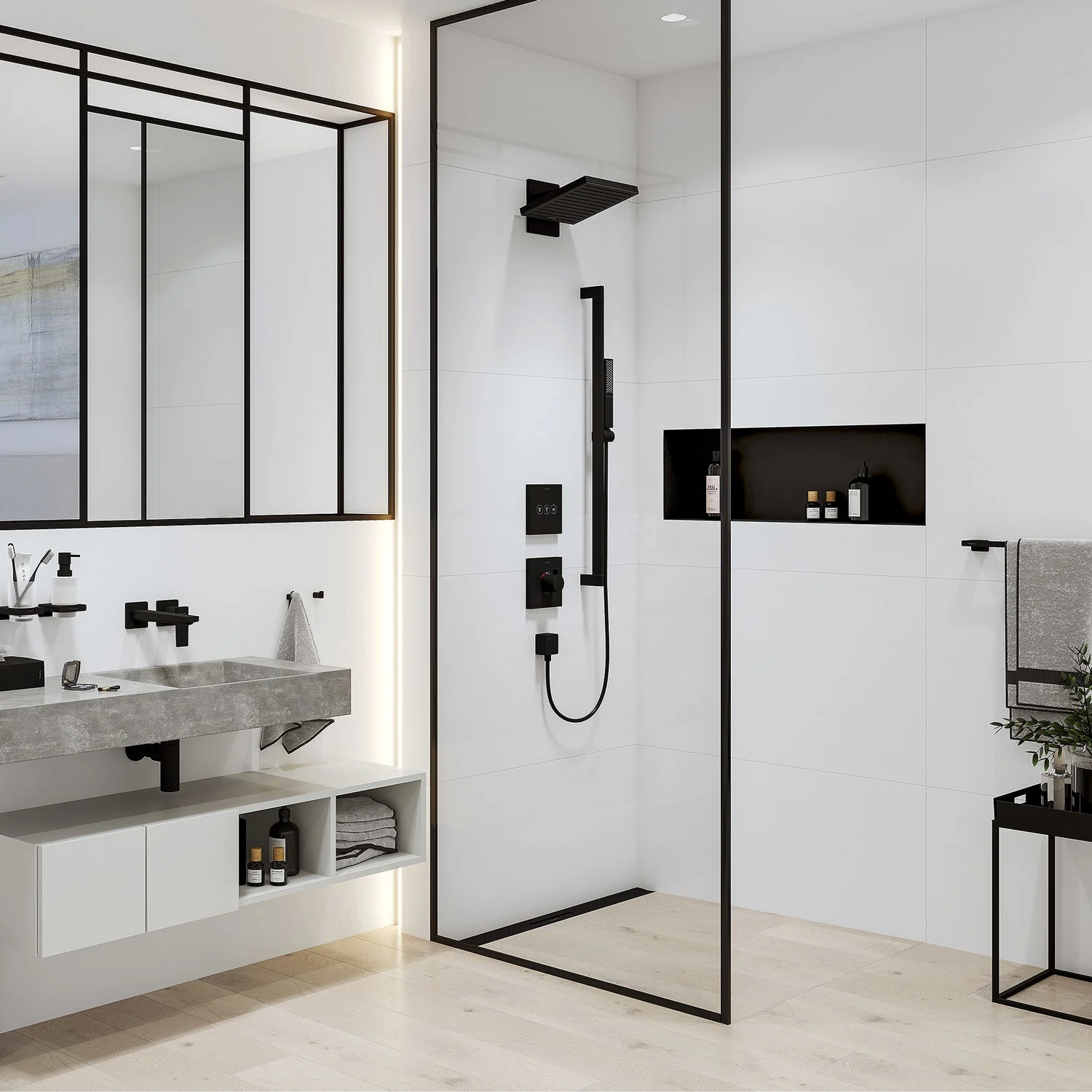 Nowoczesny prysznic z czarnymi armaturami w łazience, hansgrohe