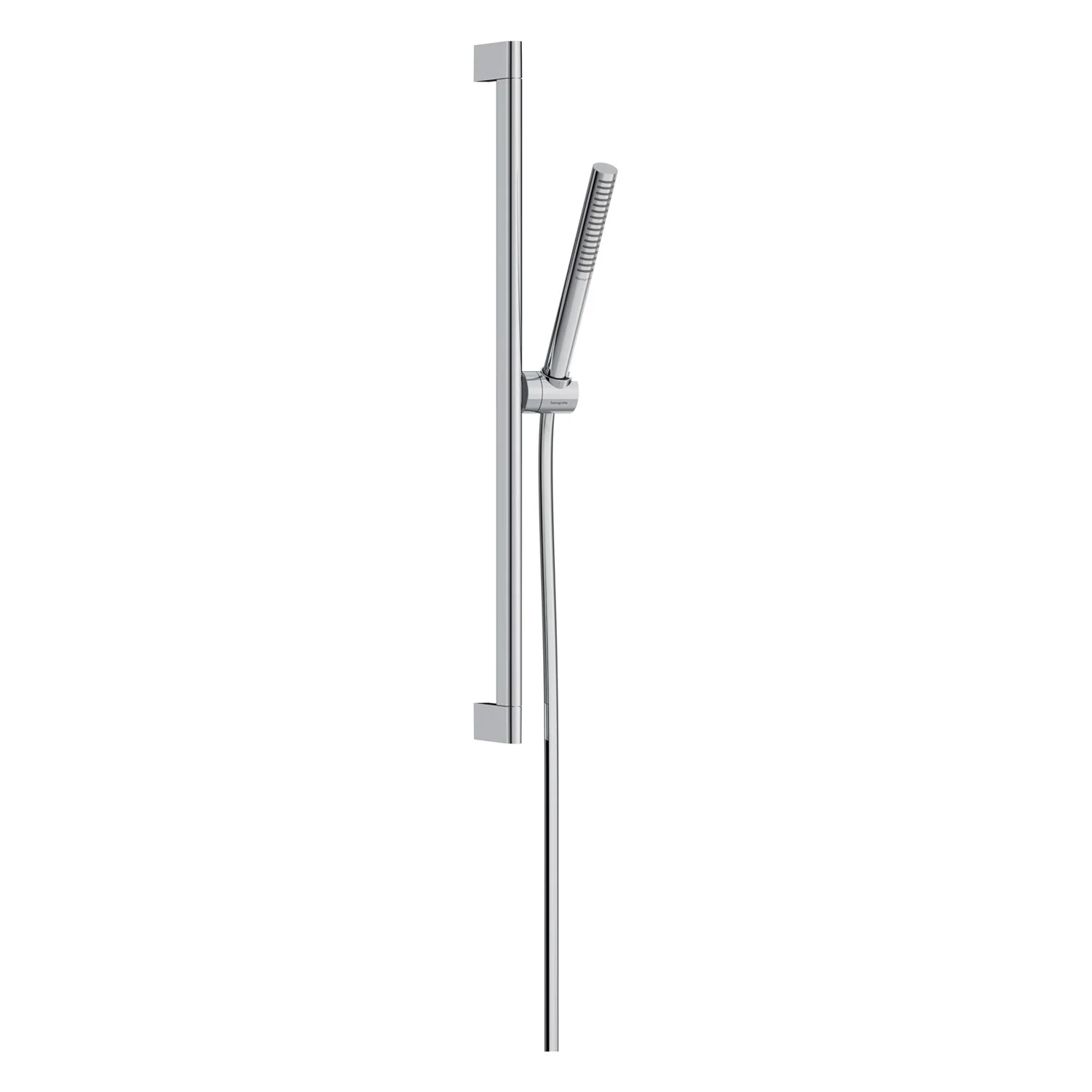 Chromowany zestaw prysznicowy widok z boku z drążkiem, hansgrohe