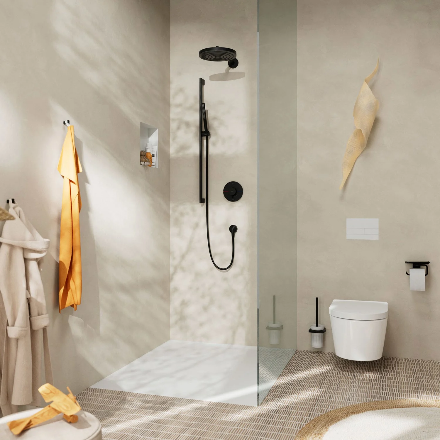 Prysznic z czarnym zestawem prysznicowym w nowoczesnej łazience, hansgrohe