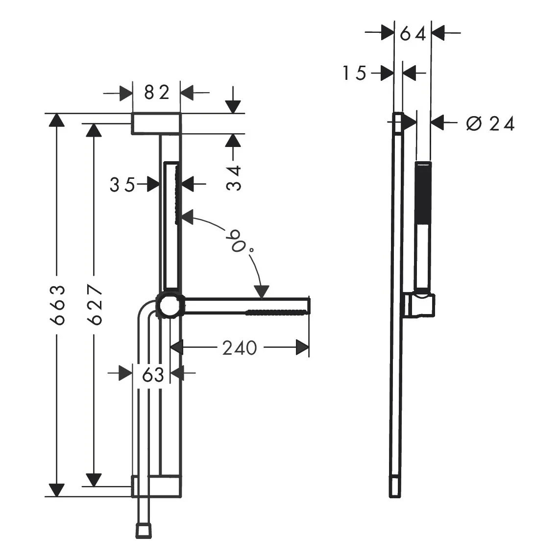 Rysunek techniczny zestawu prysznicowego z wymiarami, hansgrohe