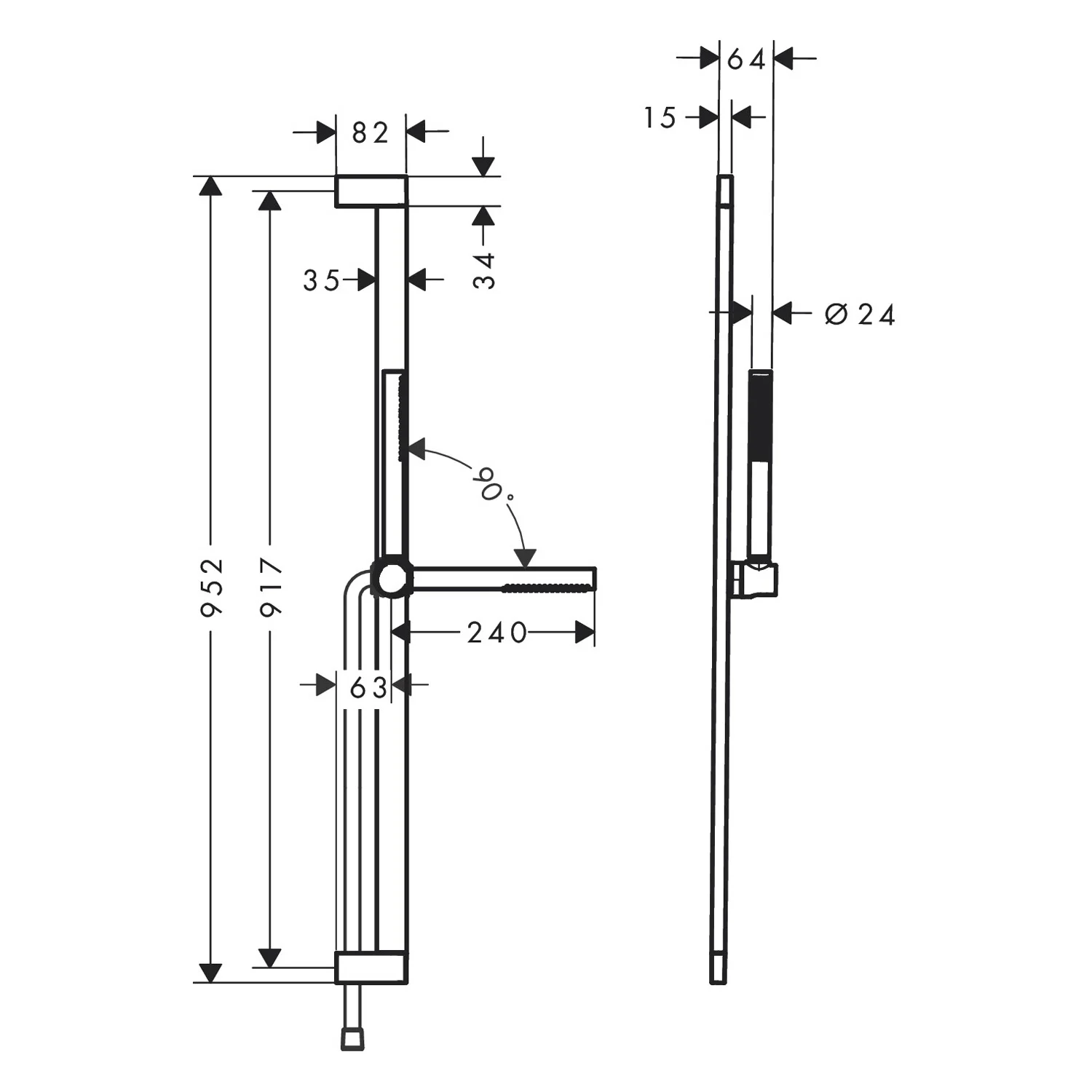 Rysunek techniczny zestawu prysznicowego z wymiarami, hansgrohe