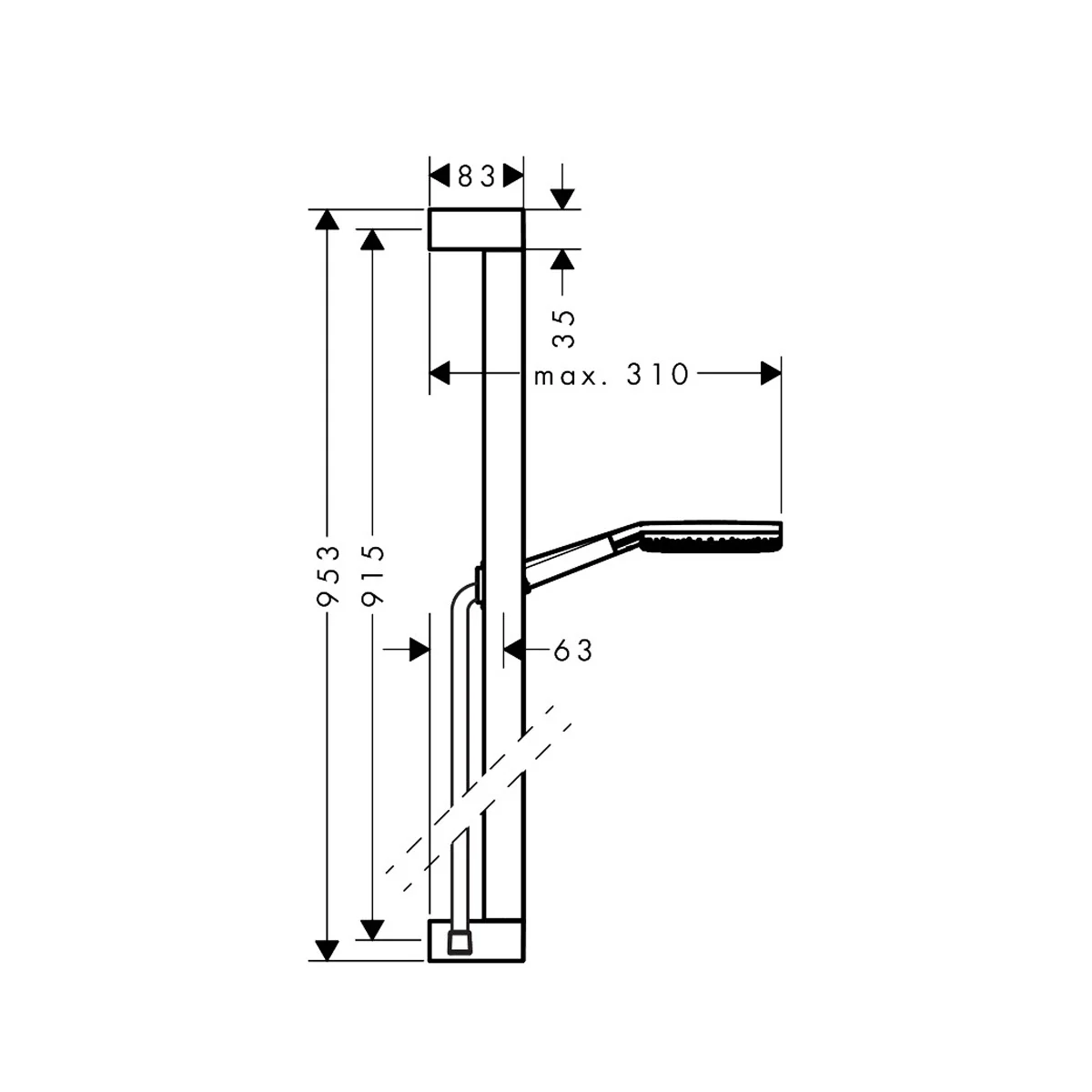 Rysunek techniczny zestawu prysznicowego z wymiarami, hansgrohe