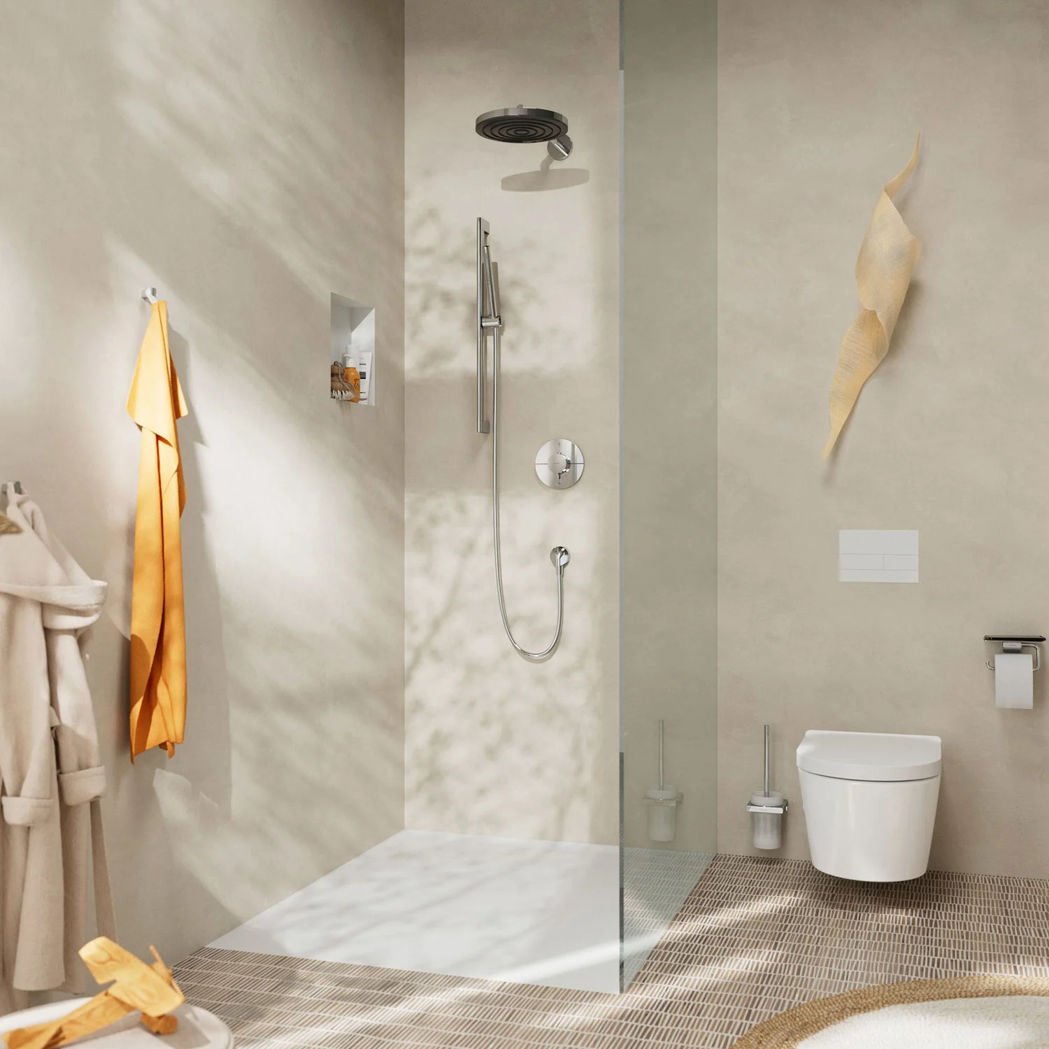 Nowoczesna łazienka ze srebrną armaturą prysznicową, hansgrohe