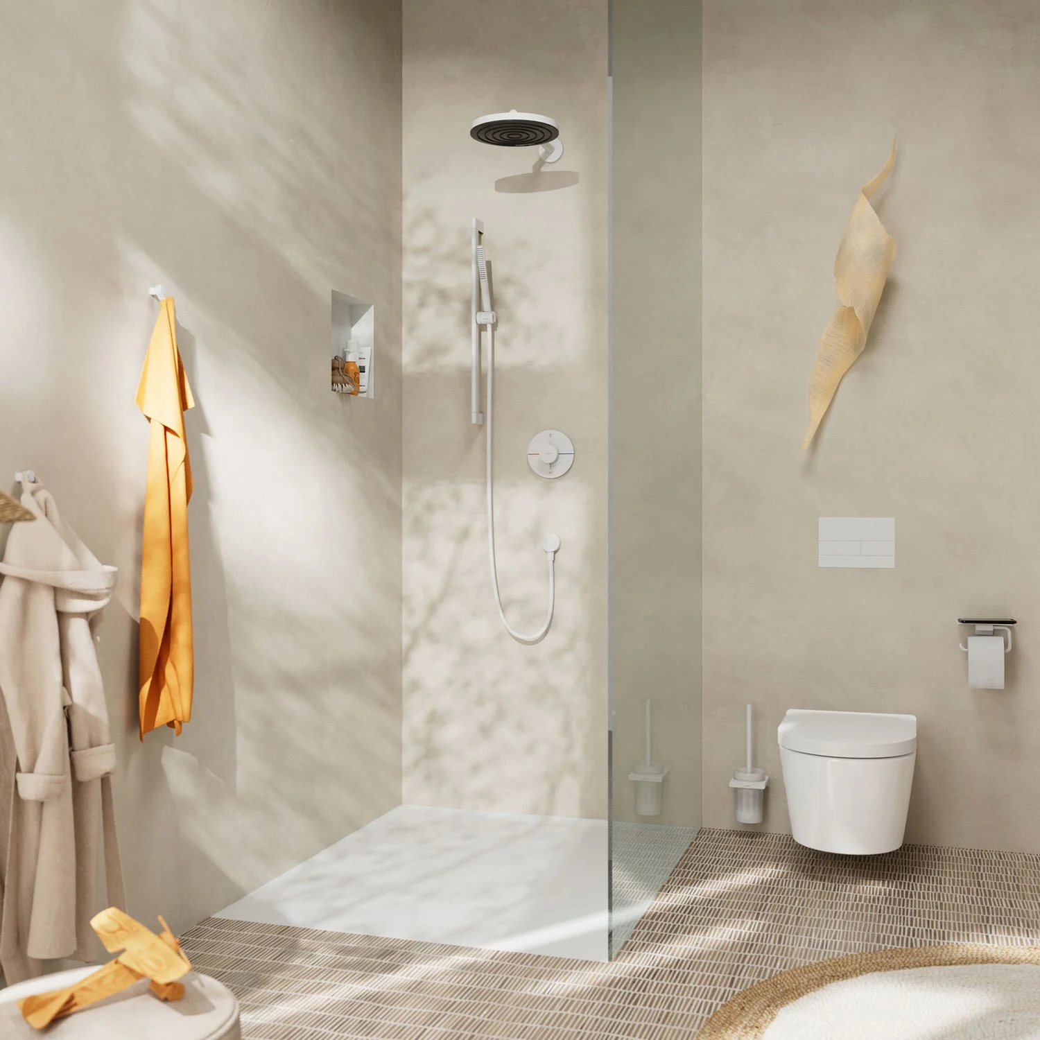 Nowoczesna łazienka z białą armaturą prysznicową, hansgrohe