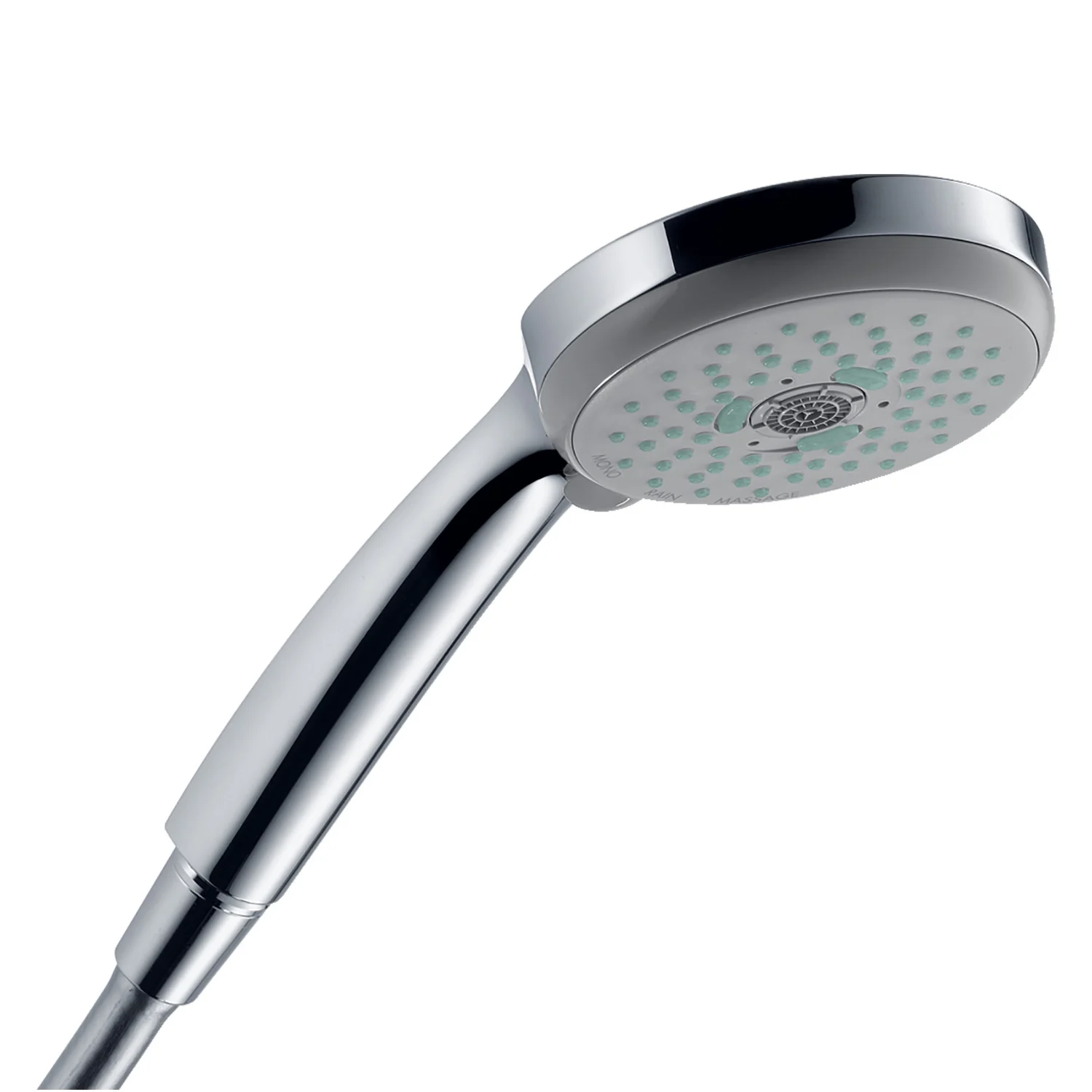 Widok z boku chromowanego prysznica ręcznego, hansgrohe