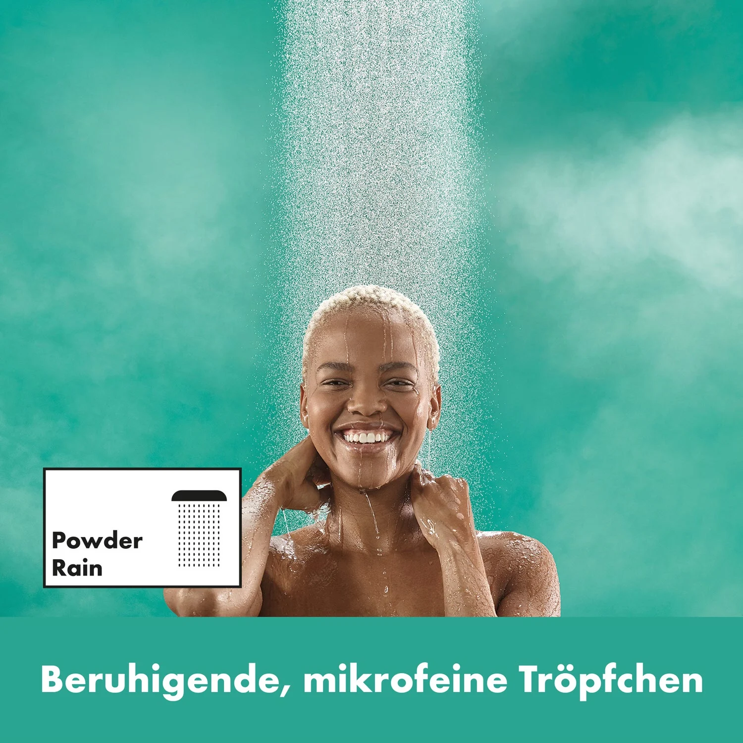 Osoba pod prysznicem z strumieniem wody, hansgrohe