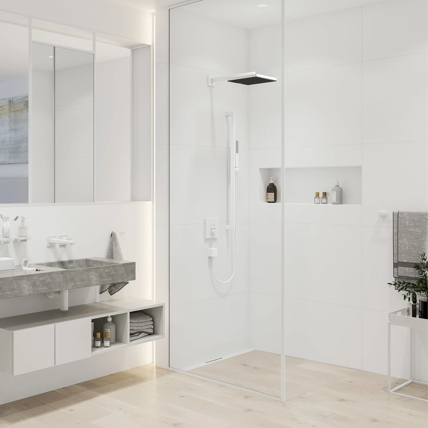 Minimalistyczny prysznic z białą słuchawką i armaturą, hansgrohe