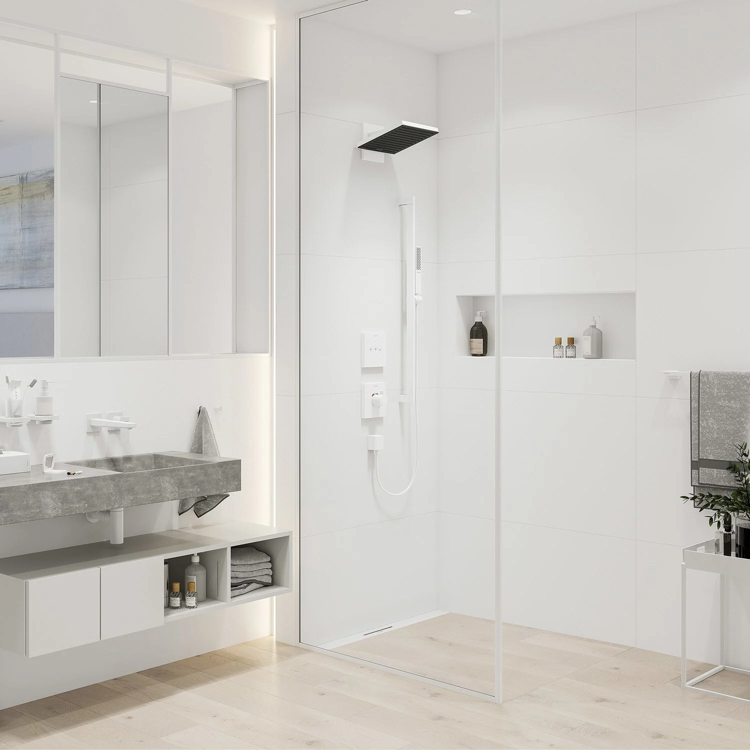 Nowoczesny prysznic z kwadratową głowicą, hansgrohe