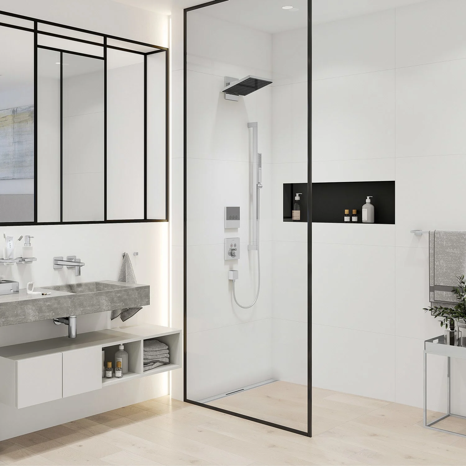 Nowoczesna łazienka z białym zestawem prysznicowym, hansgrohe