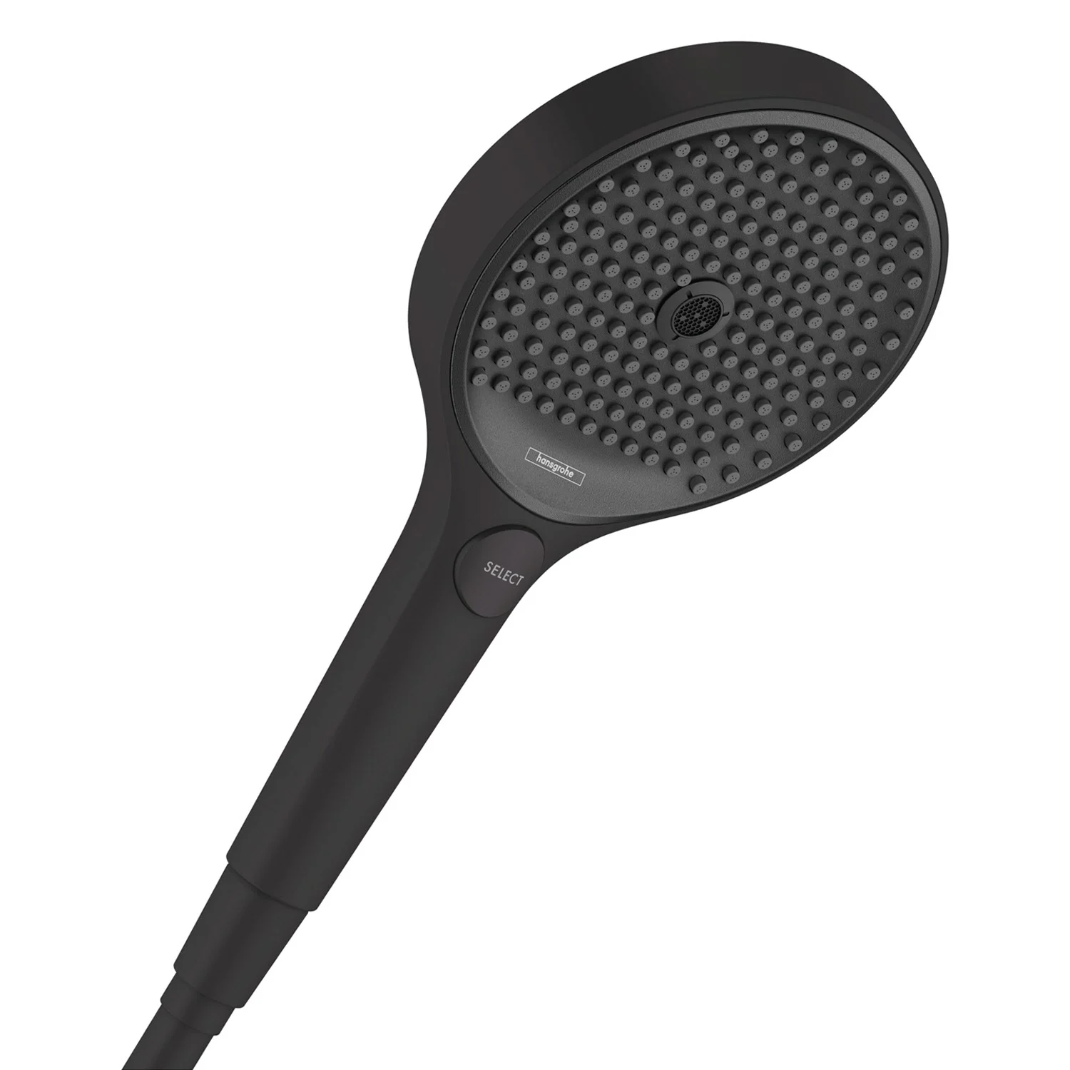 Czarna głowica prysznicowa widok z boku, hansgrohe