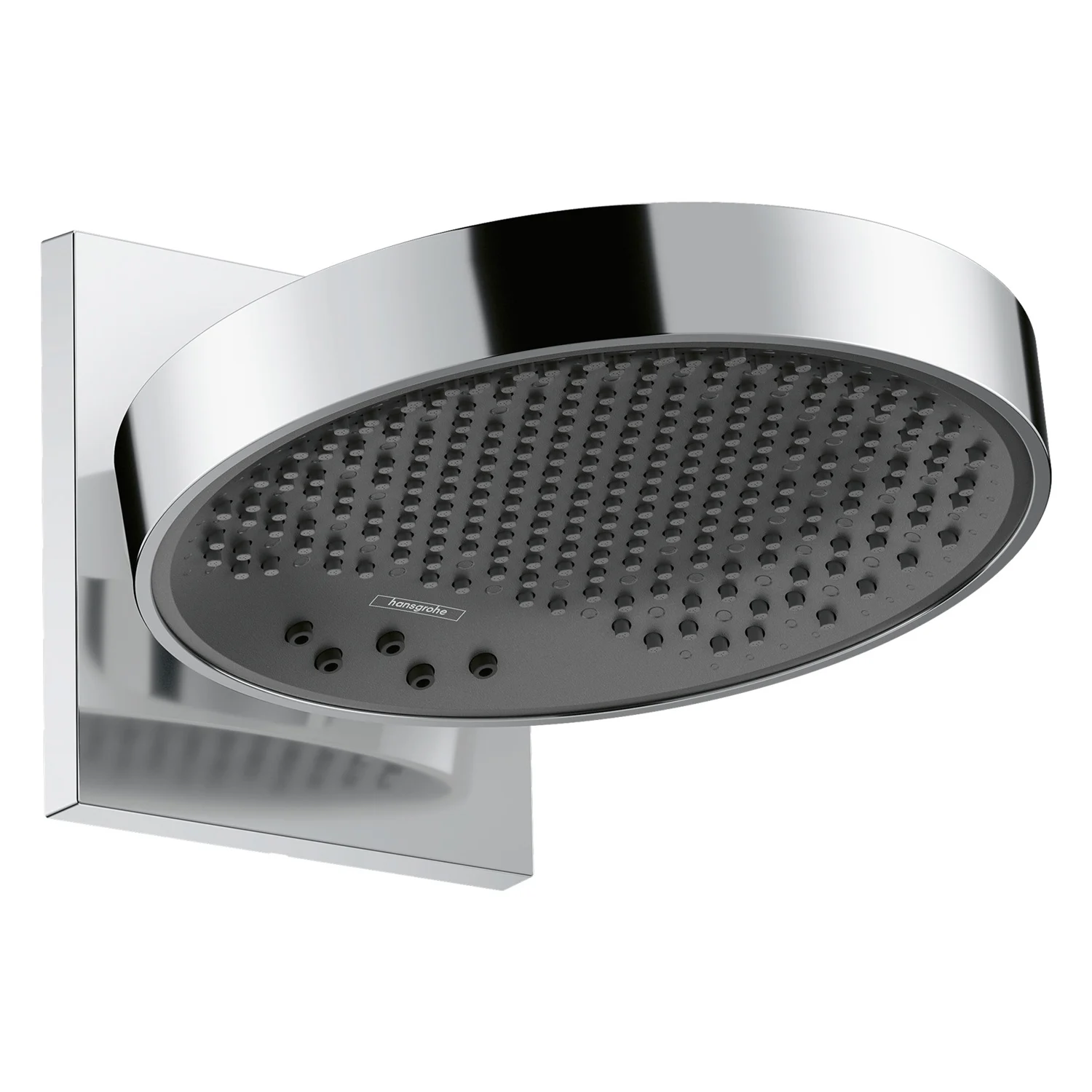 Widok z boku okrągłej chromowanej głowicy prysznicowej, hansgrohe