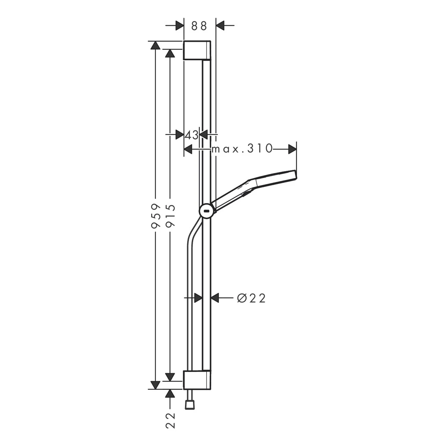 Rysunek techniczny zestawu prysznicowego z wymiarami, hansgrohe