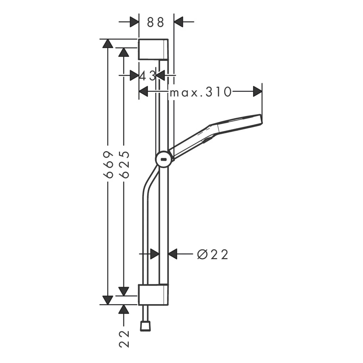 Rysunek techniczny zestawu prysznicowego z wymiarami, hansgrohe