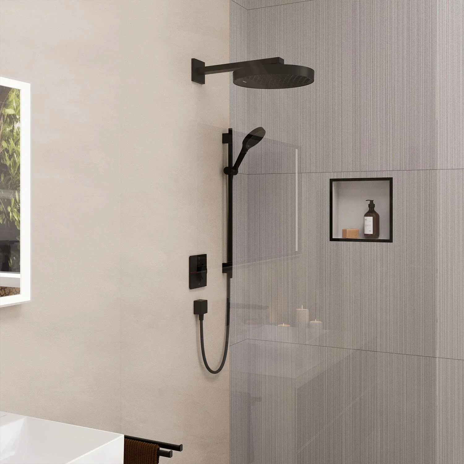 Nowoczesny zestaw prysznicowy zainstalowany w łazience, hansgrohe