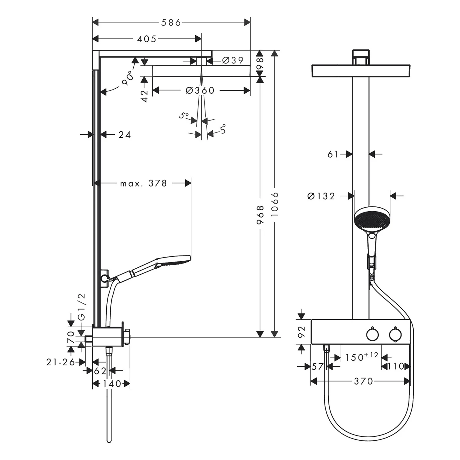 Rysunek techniczny armatury prysznicowej z wymiarami, hansgrohe
