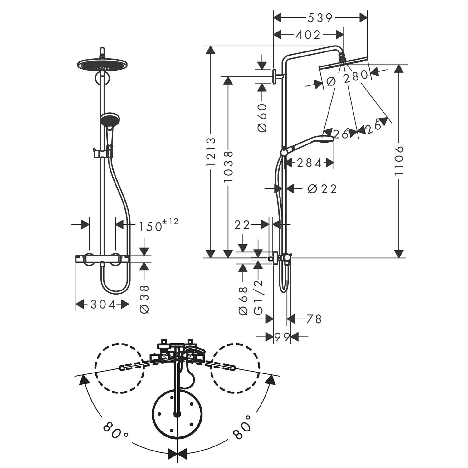Rysunek techniczny armatury prysznicowej z wymiarami, hansgrohe