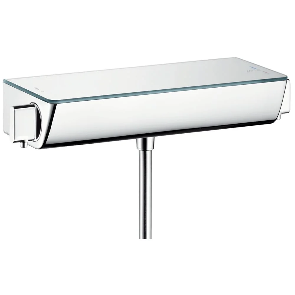 Widok przedni baterii termostatycznej z półką szklaną, hansgrohe