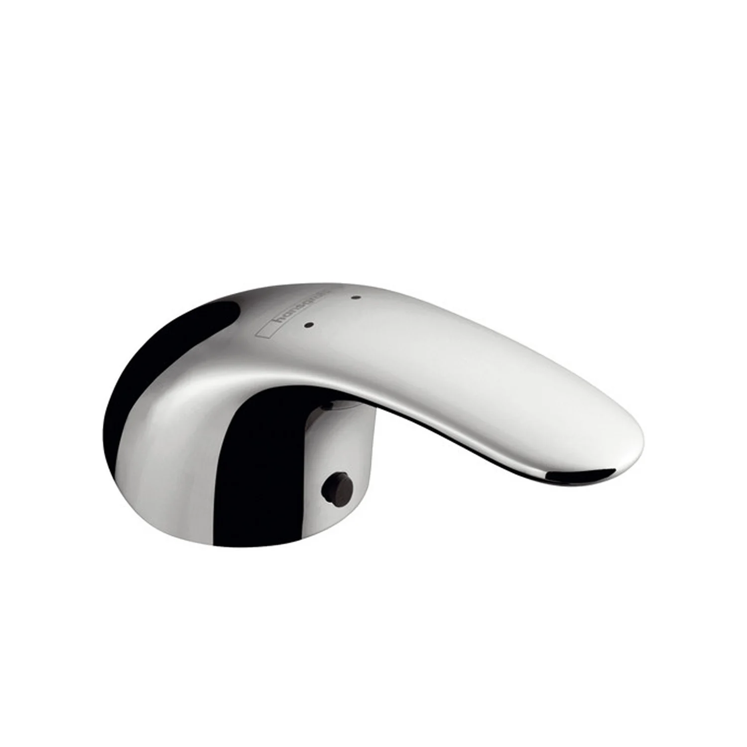 Chromowana rączka widok z boku na białym tle, hansgrohe