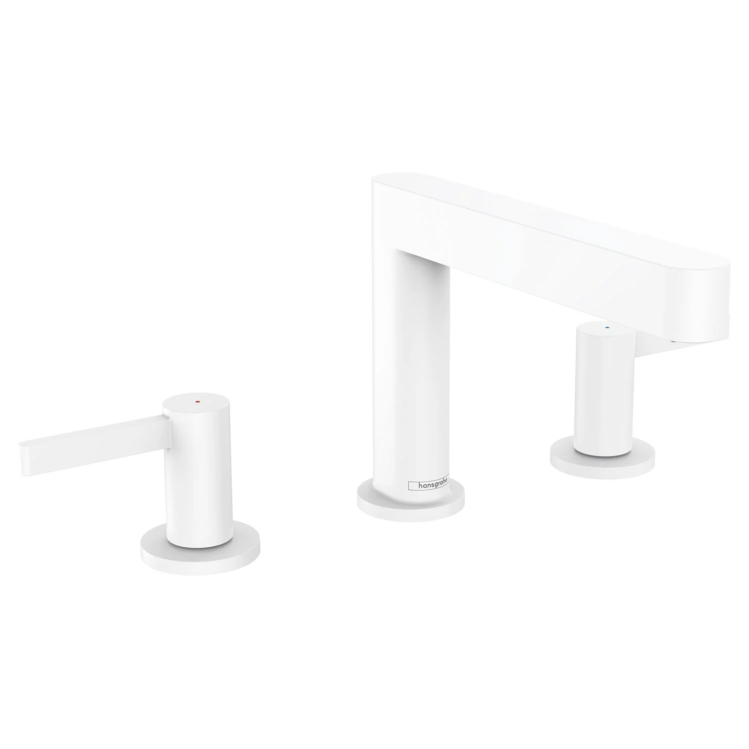 Biała bateria umywalkowa trzyotworowa widok z boku, hansgrohe