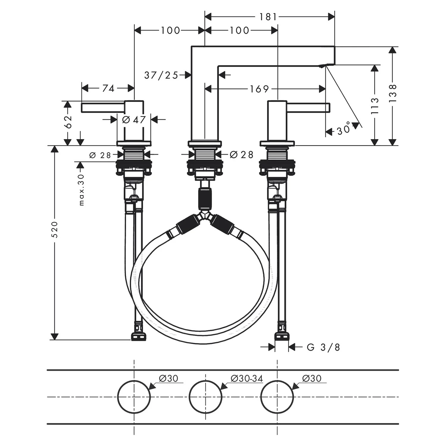 Rysunek techniczny baterii umywalkowej z wymiarami, hansgrohe