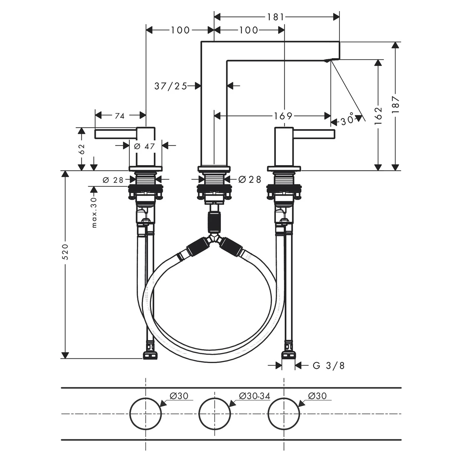Rysunek techniczny baterii umywalkowej z wymiarami, hansgrohe