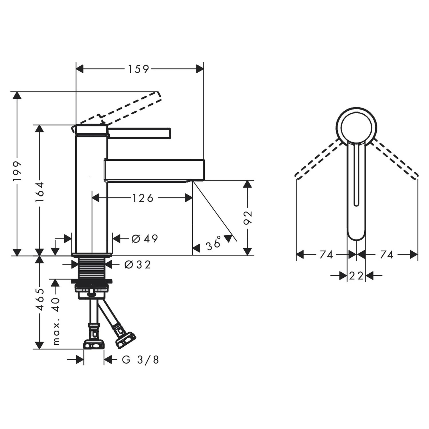 Rysunek techniczny baterii umywalkowej z wymiarami, hansgrohe