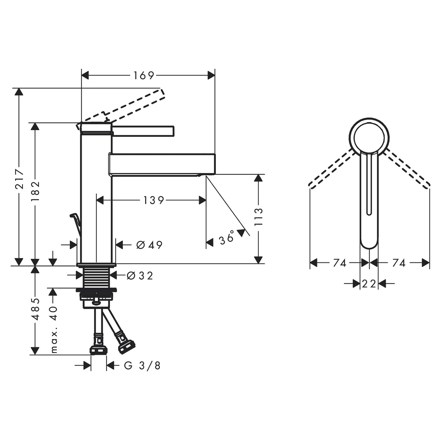 Rysunek techniczny baterii umywalkowej z wymiarami, hansgrohe