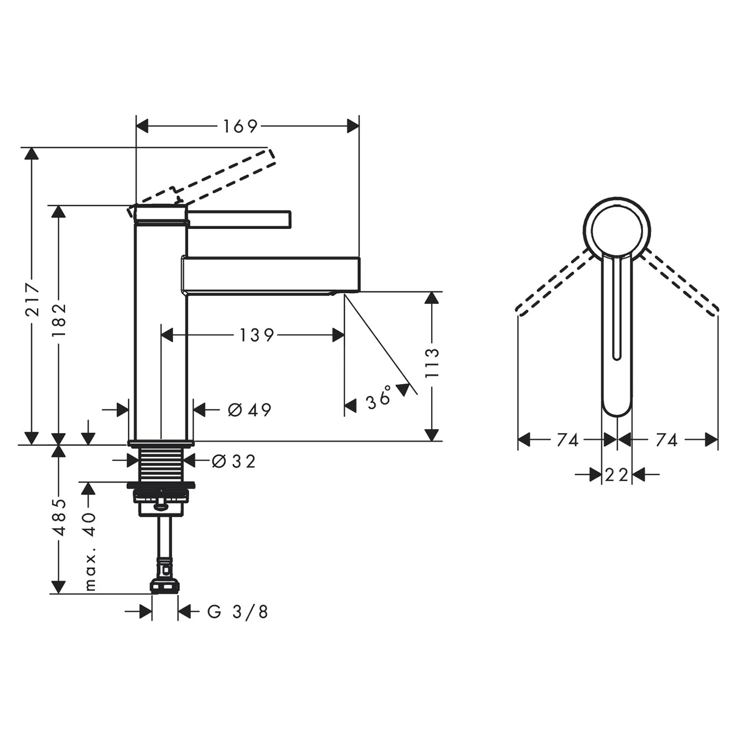 Rysunek techniczny baterii umywalkowej z wymiarami, hansgrohe
