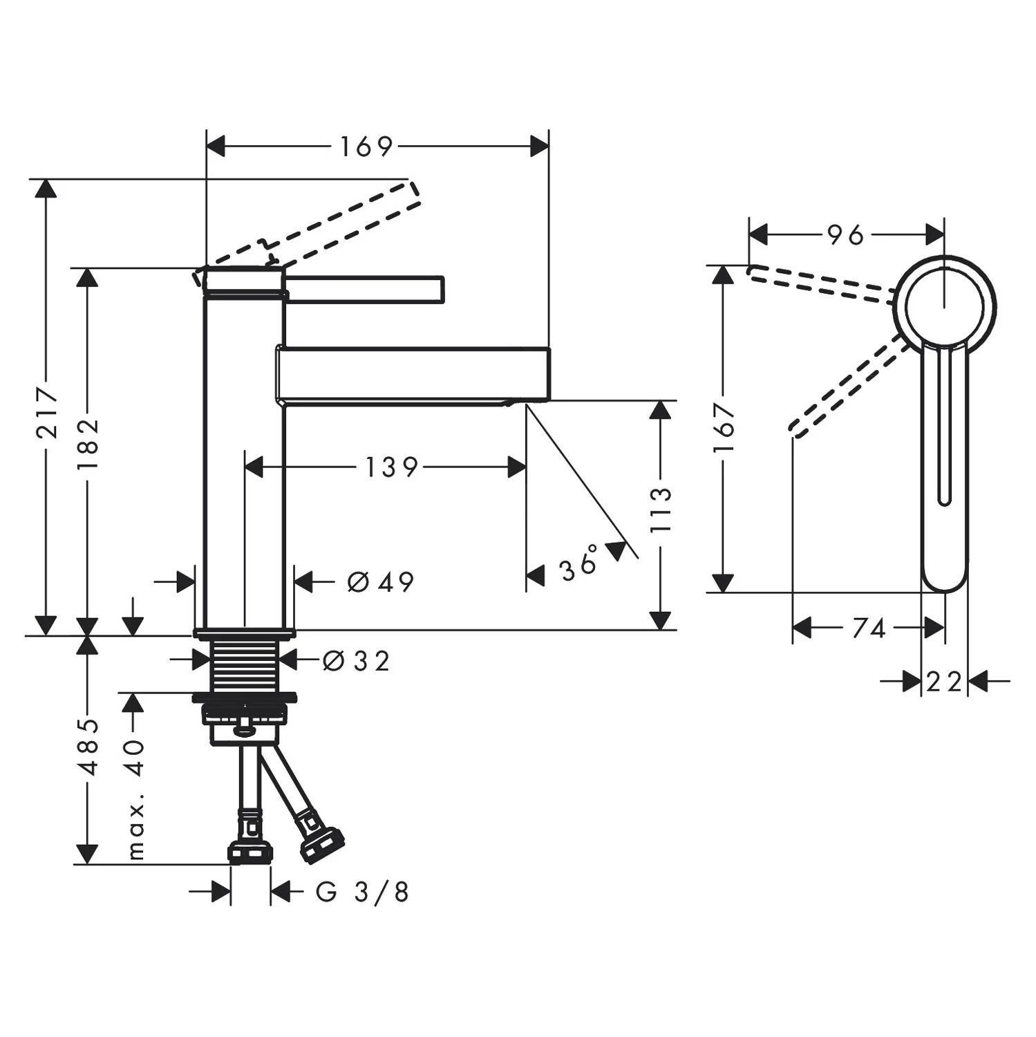Rysunek techniczny baterii umywalkowej z wymiarami, hansgrohe