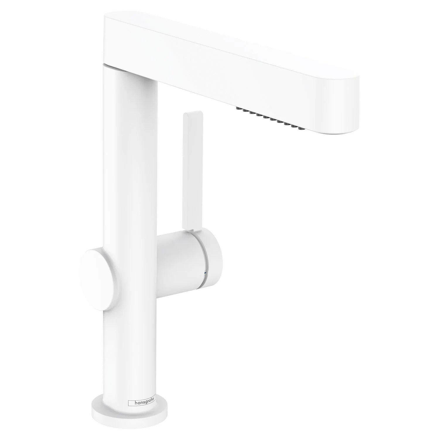 Biała bateria umywalkowa z prysznicem widok z boku, hansgrohe