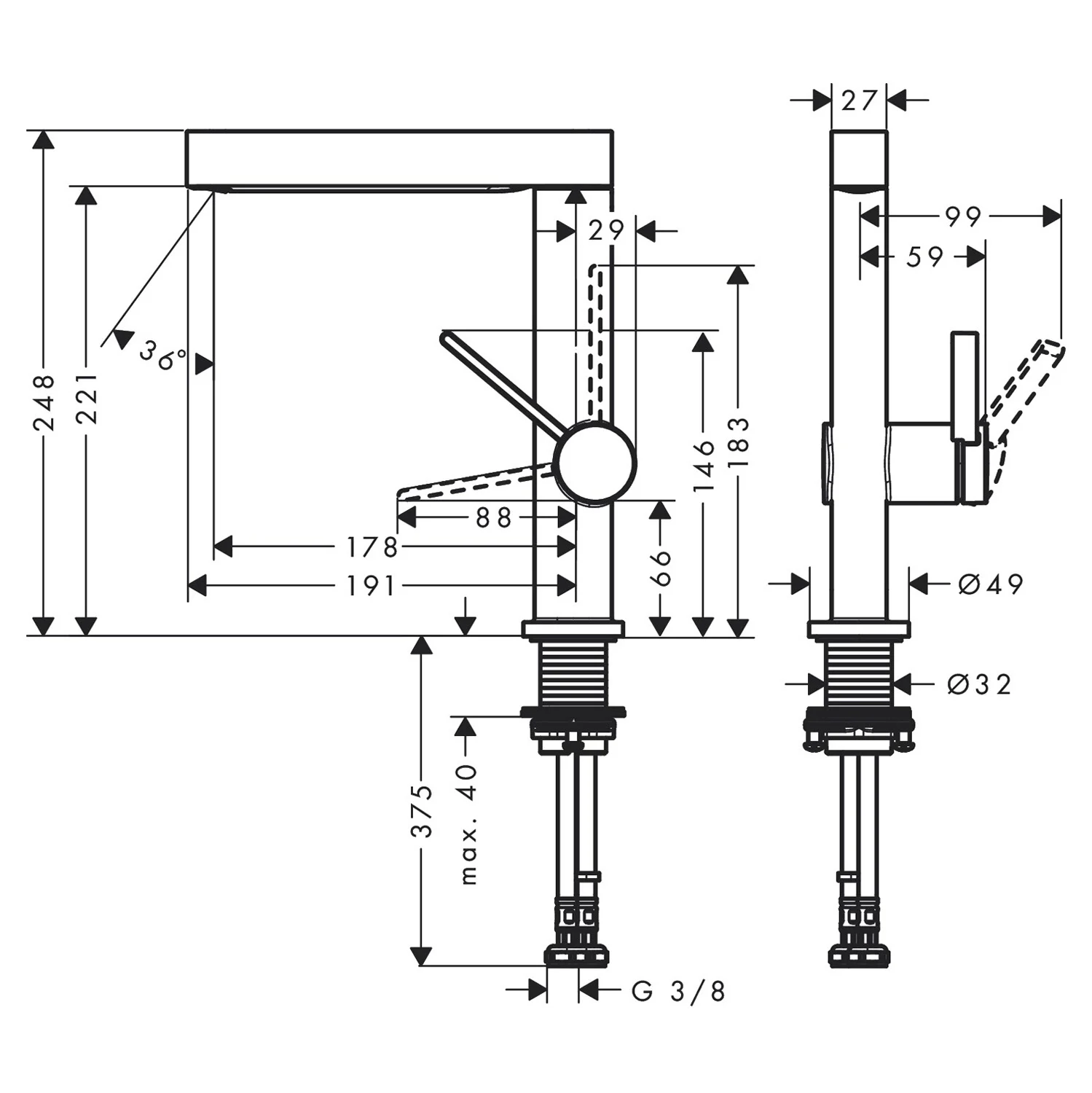 Rysunek techniczny baterii umywalkowej z wymiarami, hansgrohe