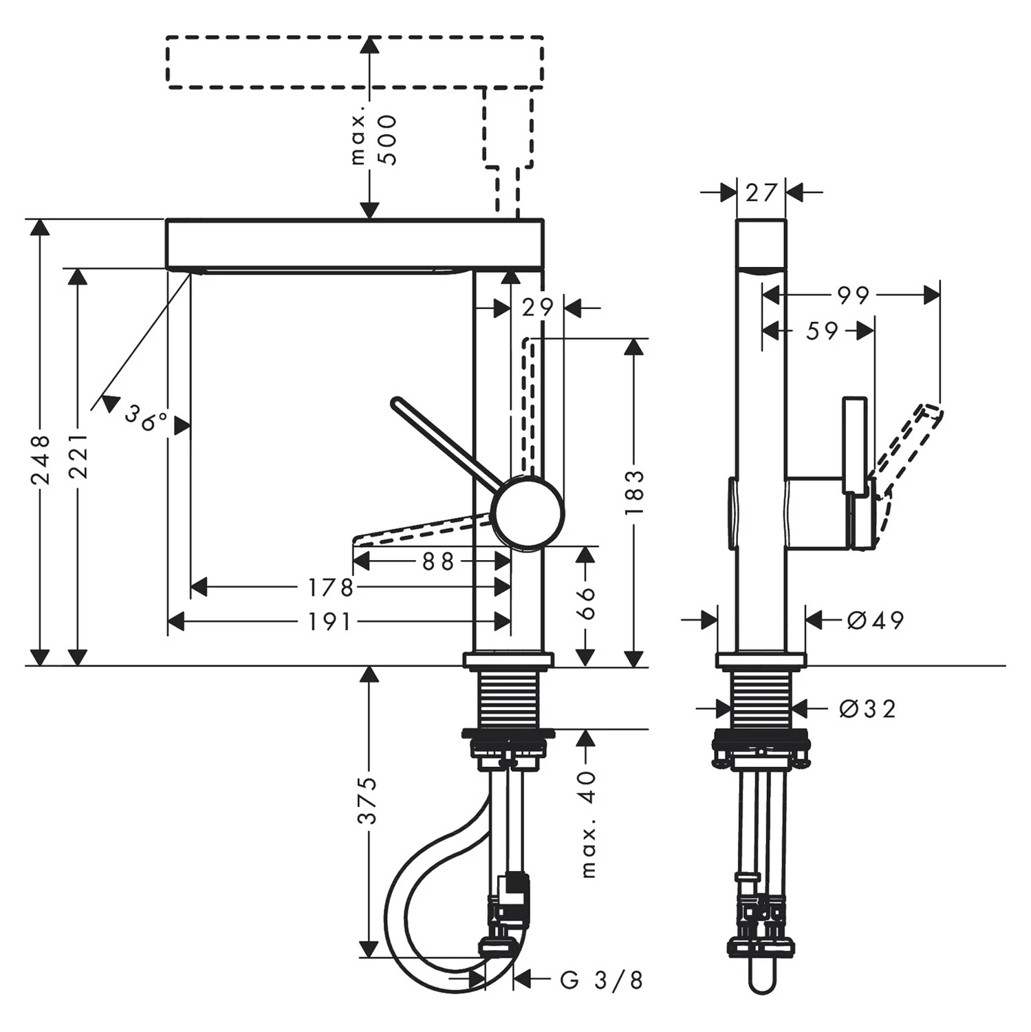 Rysunek techniczny baterii umywalkowej z wymiarami, hansgrohe