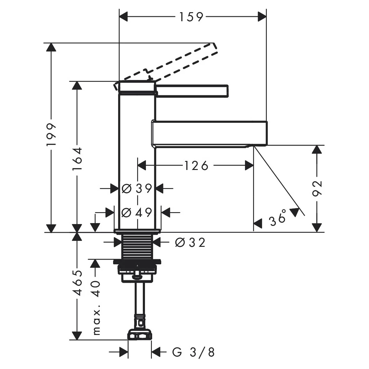 Rysunek techniczny baterii umywalkowej z wymiarami, hansgrohe