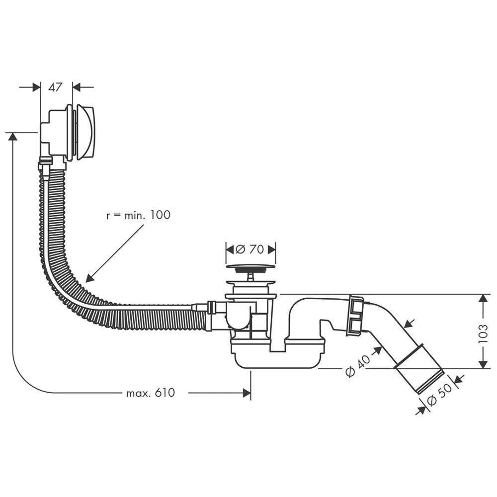 Rysunek techniczny systemu odpływowego z wymiarami, hansgrohe