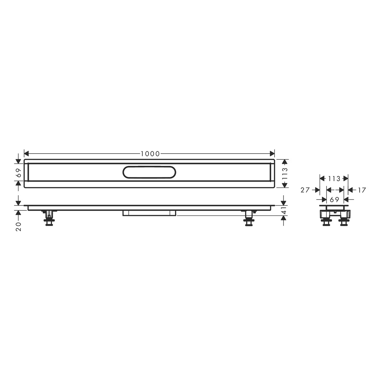Rysunek techniczny zestawu instalacyjnego 100 cm, hansgrohe