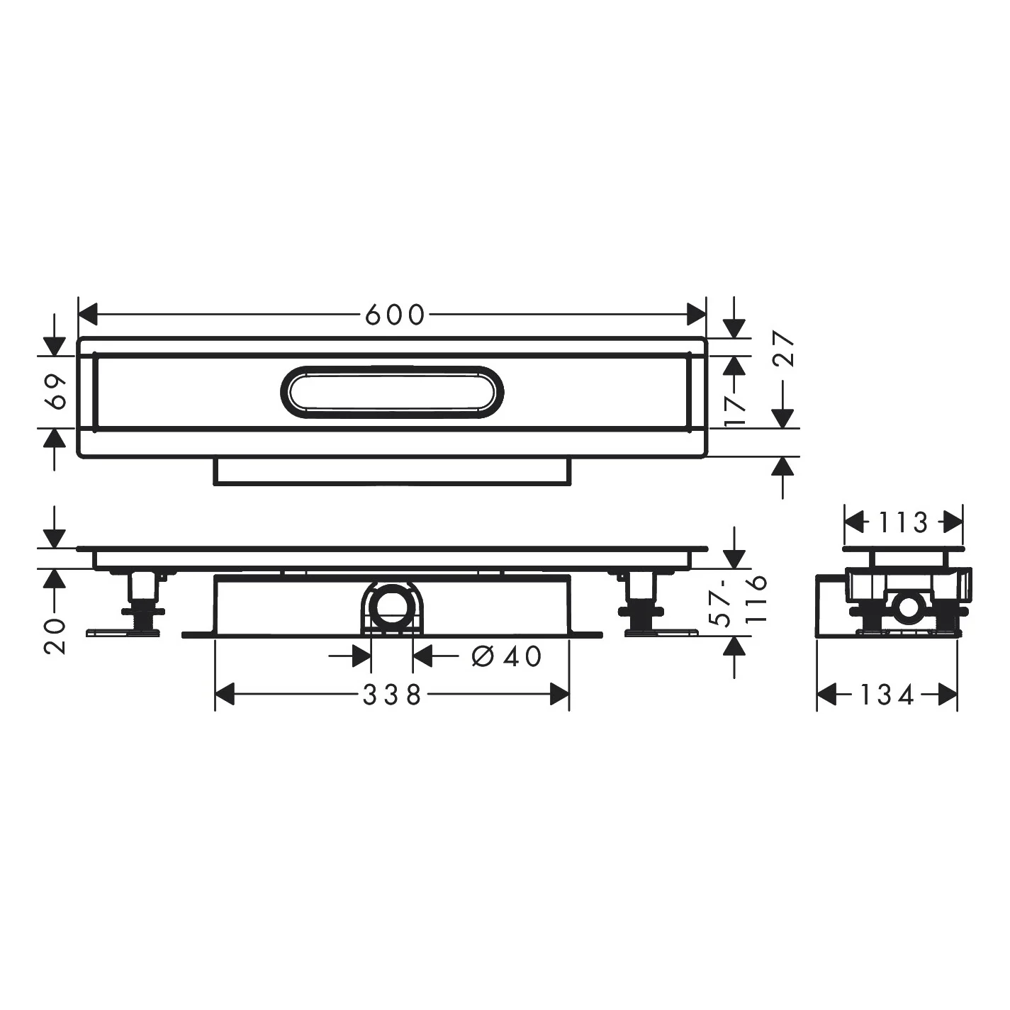 Rysunek techniczny uniwersalnego zestawu kompletnego 60 cm, hansgrohe