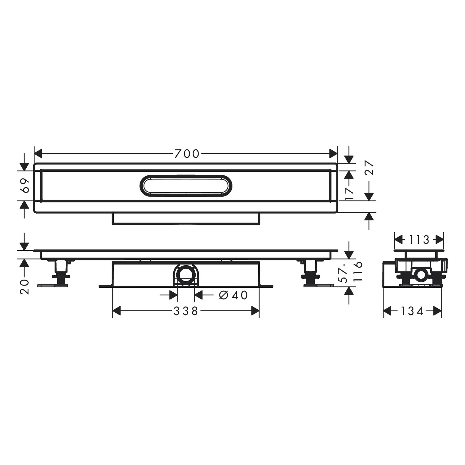 Rysunek techniczny uniwersalnego zestawu kompletnego 70 cm, hansgrohe