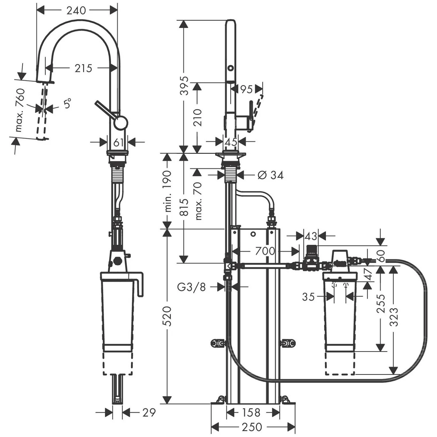 Rysunek techniczny systemu filtracji kuchennej, hansgrohe