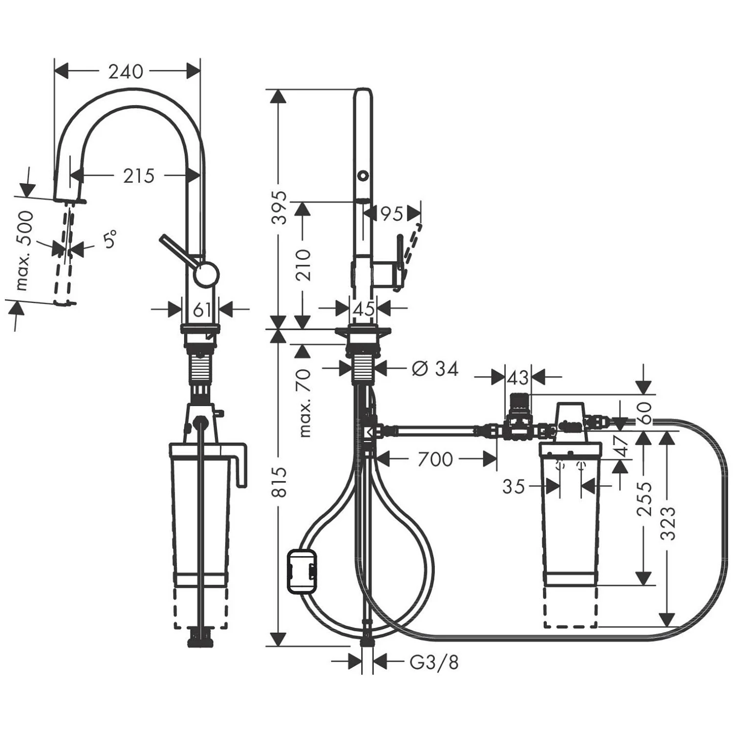 Rysunek techniczny baterii kuchennej z systemem filtracji, hansgrohe