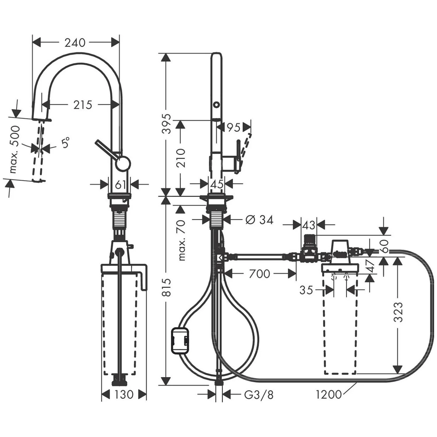 Rysunek techniczny baterii kuchennej z systemem filtracji, hansgrohe