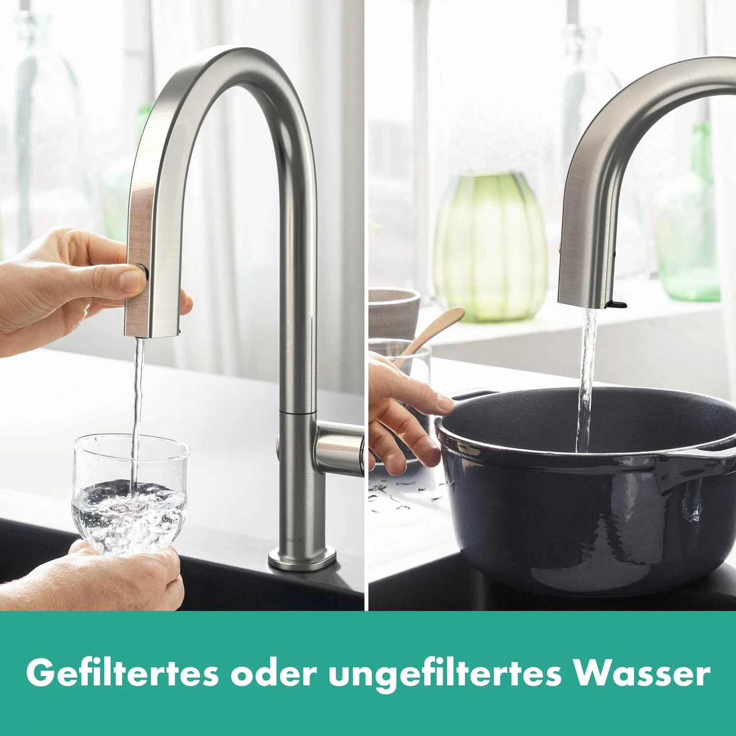 Stalowa bateria kuchenna z filtrem wody zbliżenie, hansgrohe