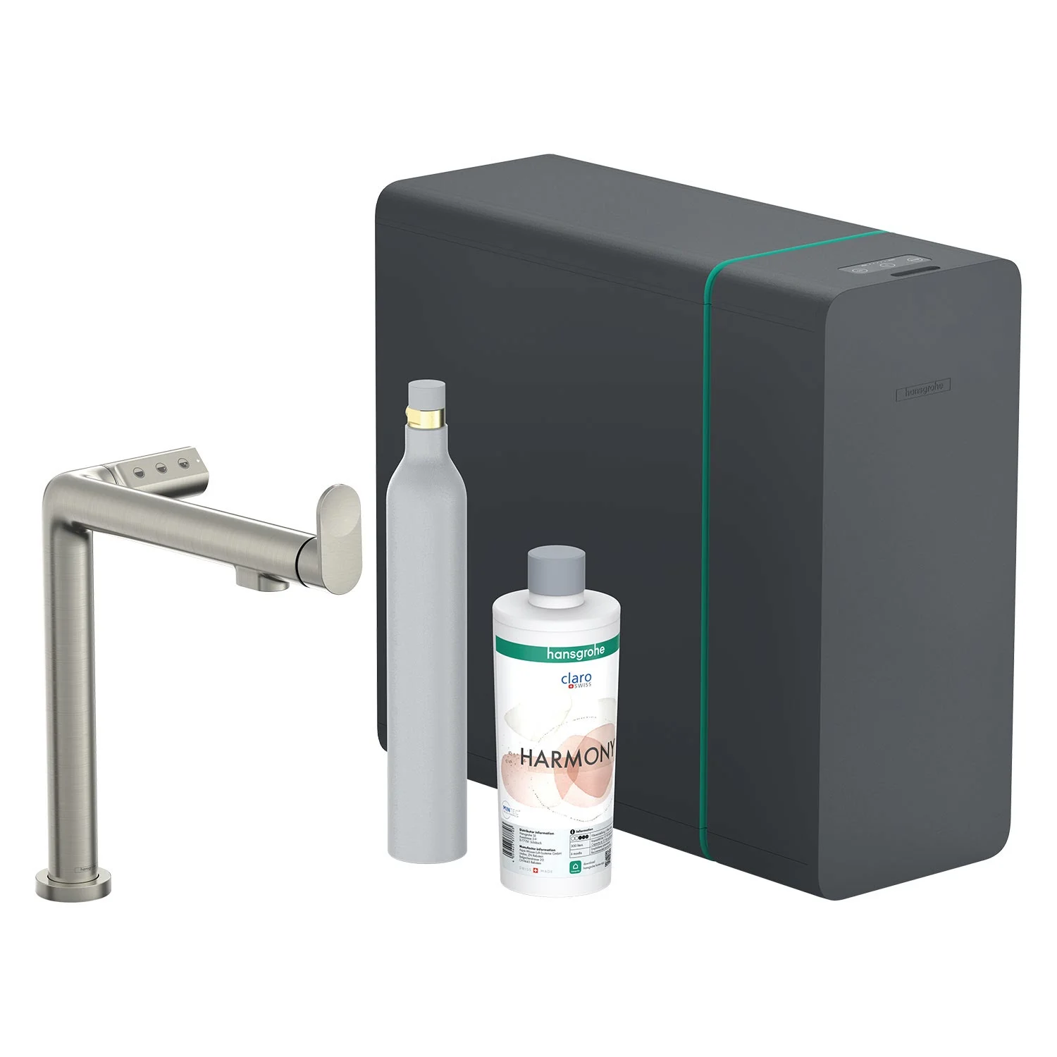Bateria kuchenna z systemem filtracji i akcesoriami na białym tle, hansgrohe