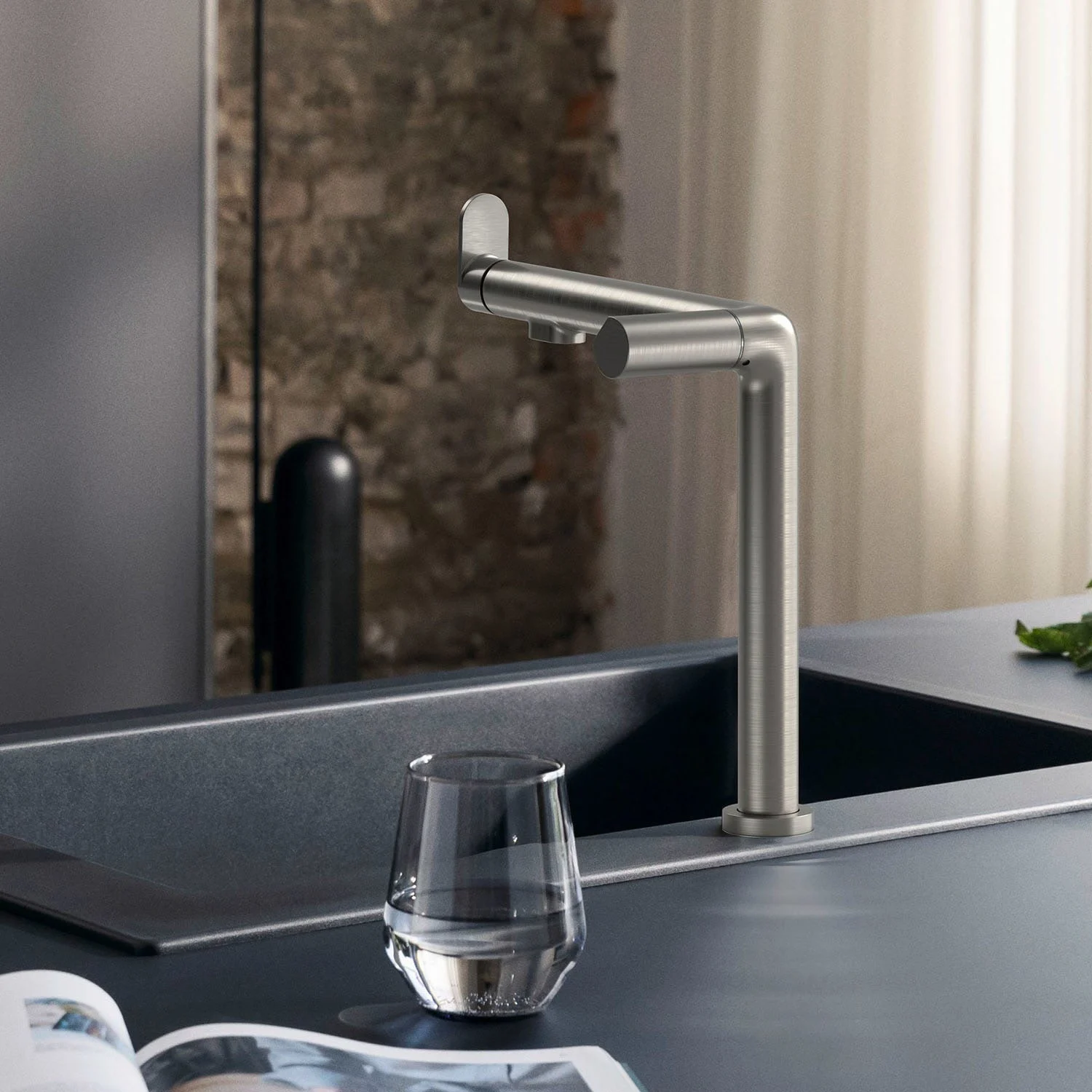Bateria kuchenna w nowoczesnej kuchni z szklanką, hansgrohe