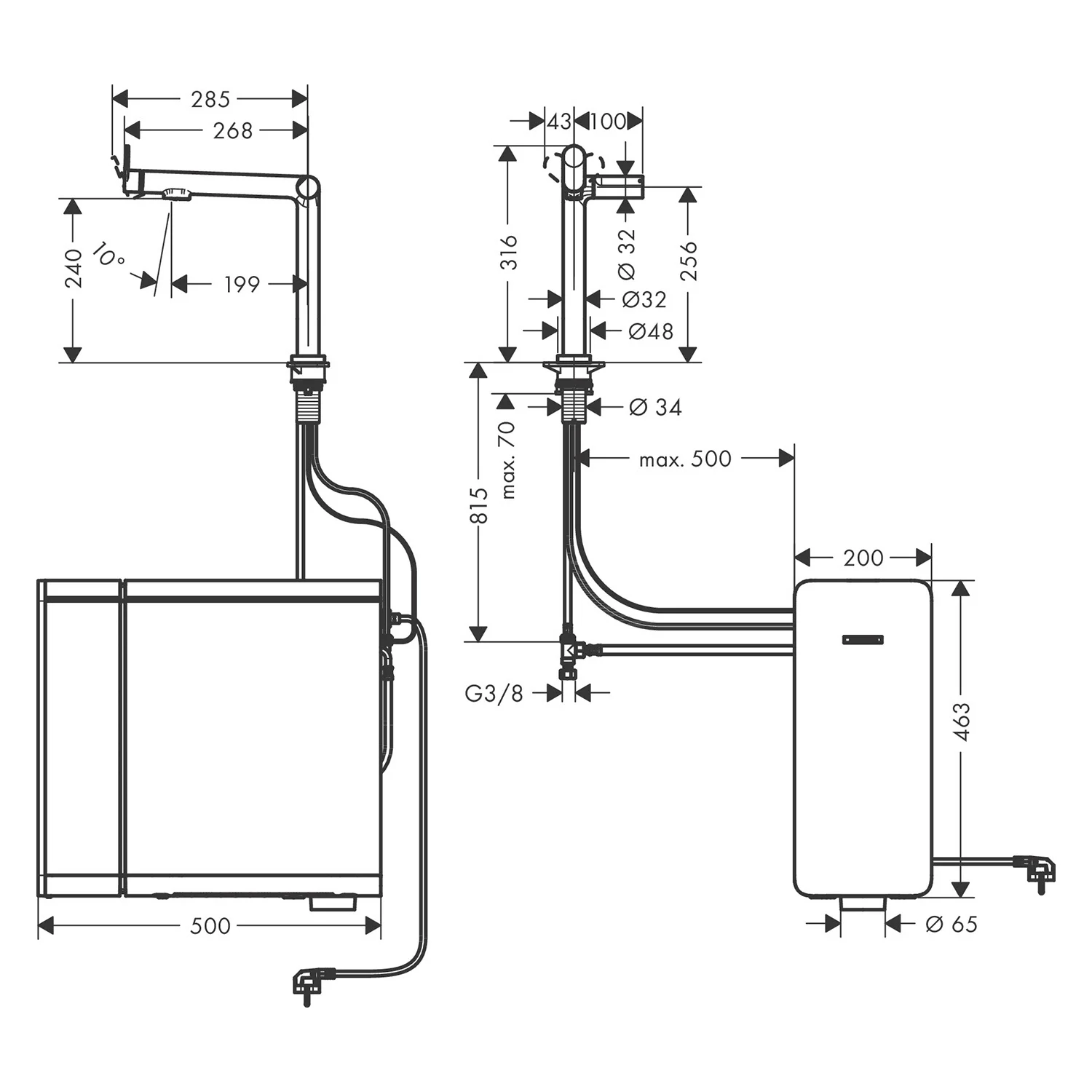 Rysunek techniczny systemu kuchennego z wymiarami, hansgrohe