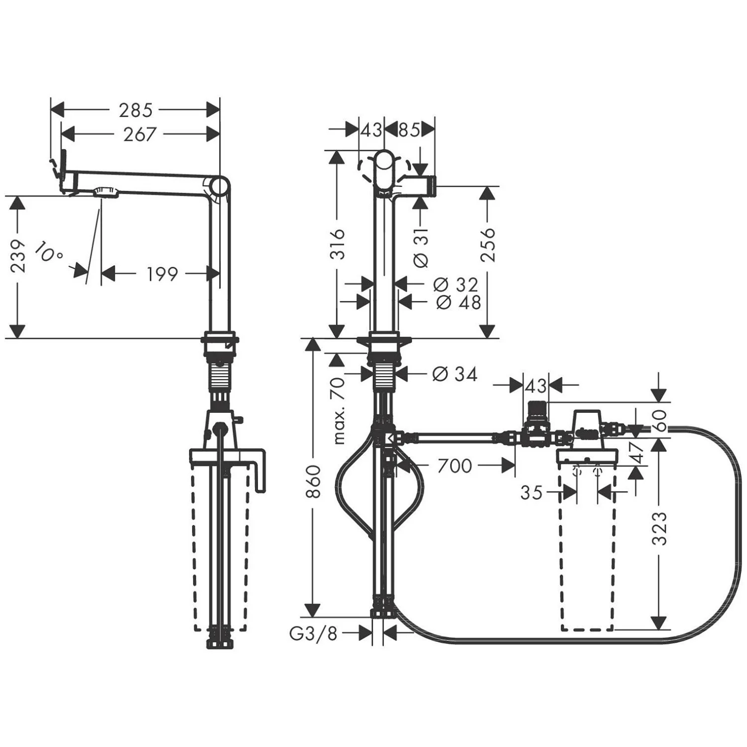 Rysunek techniczny baterii kuchennej z wymiarami, hansgrohe