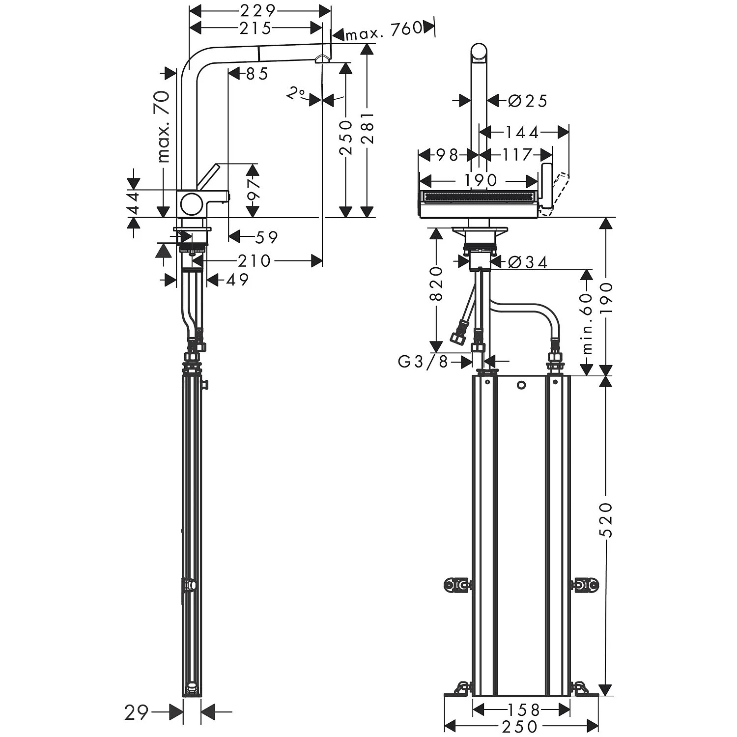 Rysunek techniczny baterii kuchennej z wymiarami, hansgrohe