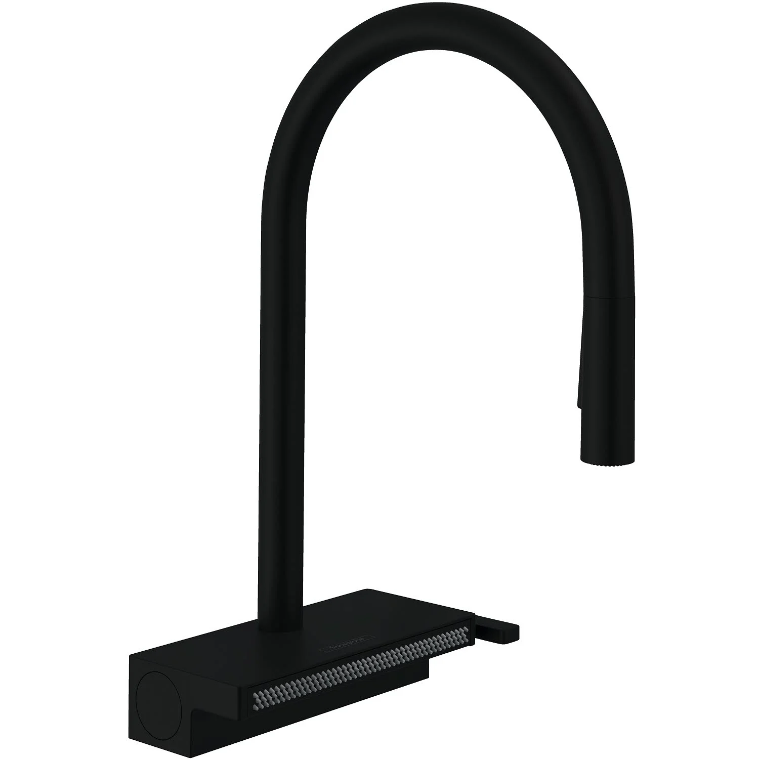 Czarny kran kuchenny z widokiem z boku, hansgrohe