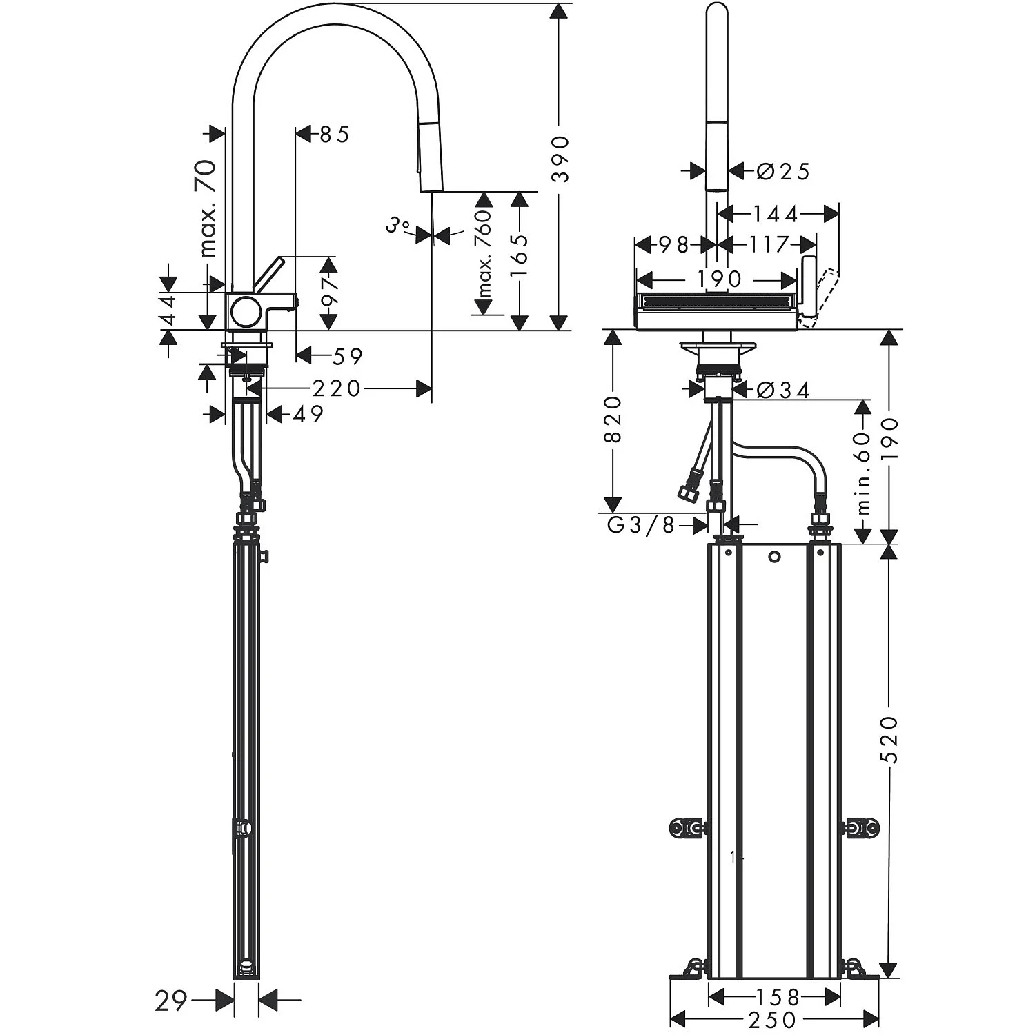 Rysunek techniczny kranu kuchennego, hansgrohe