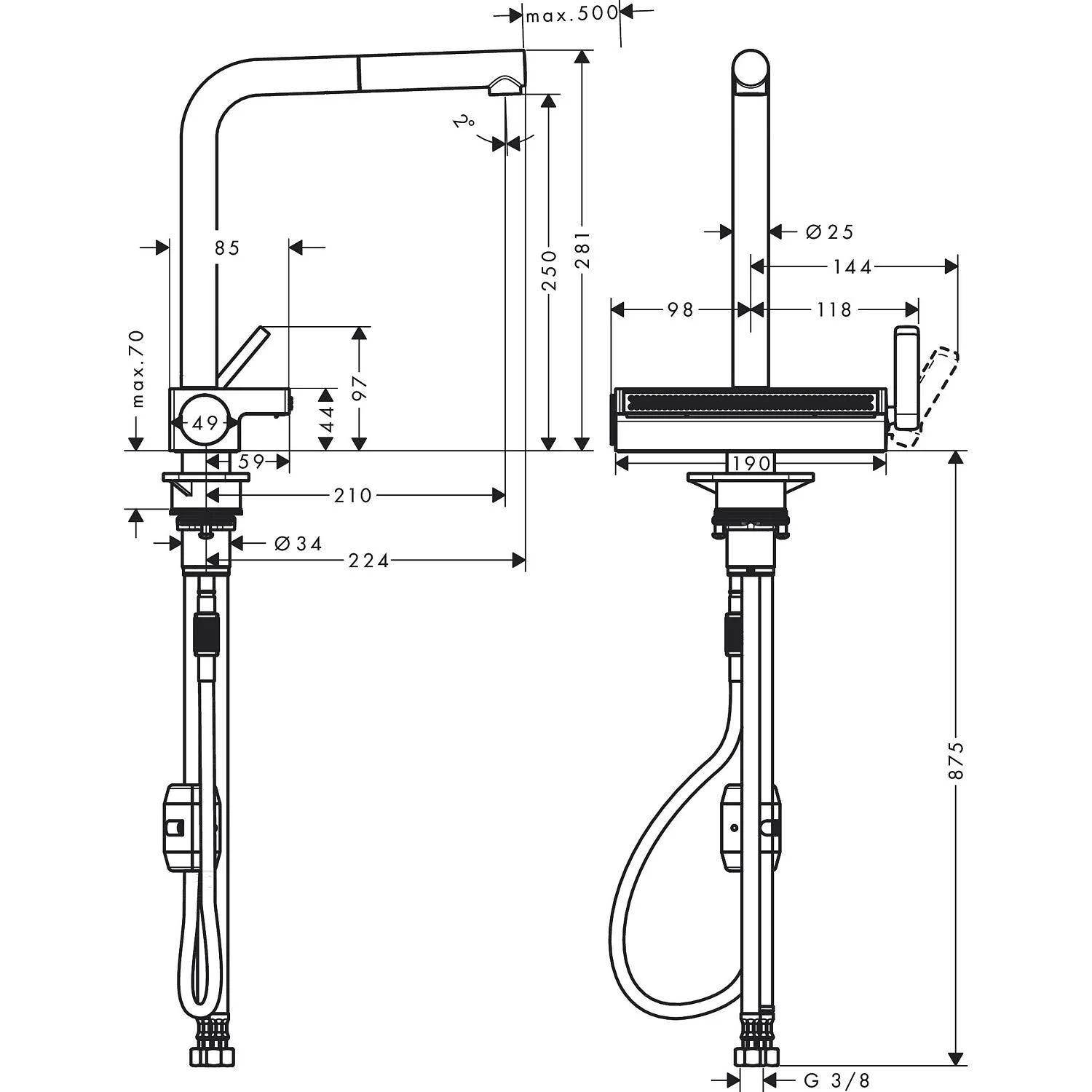 Rysunek techniczny baterii kuchennej z wymiarami, hansgrohe