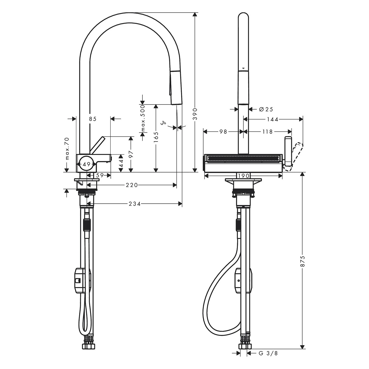 Rysunek techniczny baterii kuchennej z wymiarami, hansgrohe